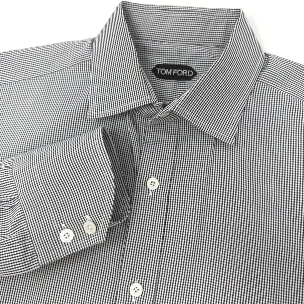 Tom Ford Mens‎ Size 16 41 Black White Micro Gingham Check Cotton Dress Shirt